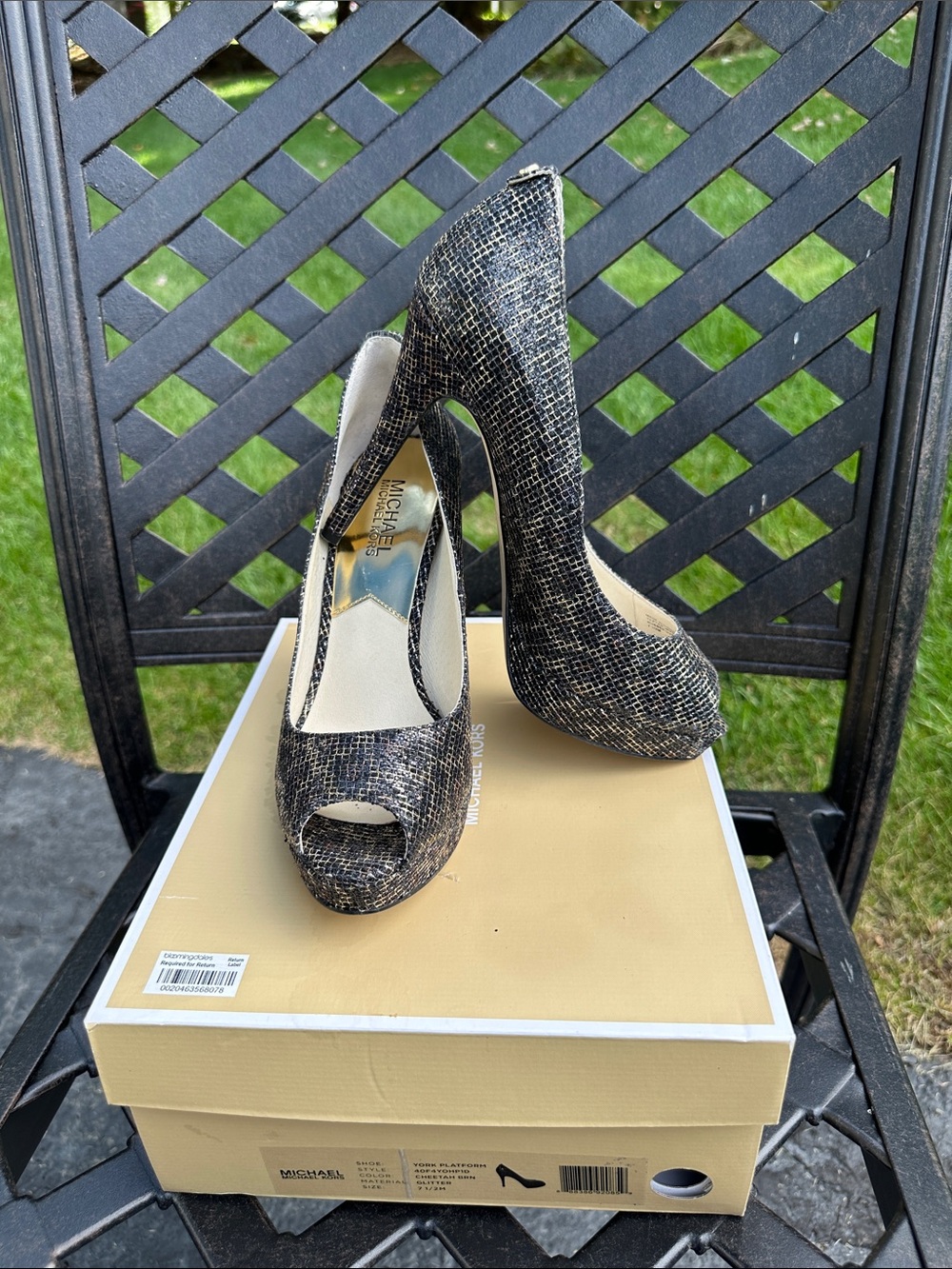 Michael Kors Black and Gold Tweed Peep-Toe Platform Pumps